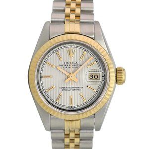 ROLEX DATEJUST CREAM TAPESTRY INDEX DIAL 18KY FLUTED JUBILEE TWOTONE WATCH 69173